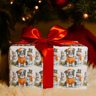 Papier Cadeau Joli chien Border Collie de Noël et bonhomme de ne