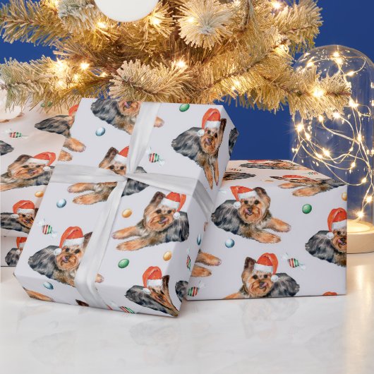 Papier Cadeau Joli chien de Noël avec chapeau rouge vert blanc (Vacances)