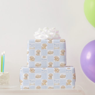 Papier Cadeau Joli chiot pastel bleu beige joyeux anniversaire