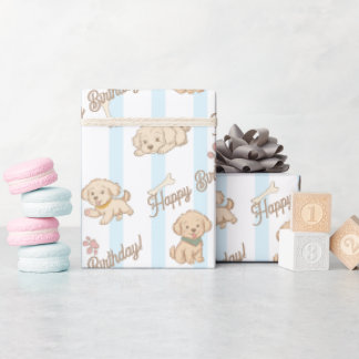 Papier Cadeau Joli chiot pastel bleu beige joyeux anniversaire