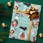 Papier Cadeau Joli Christmas Scottie Chien Turquoise photo modif<br><div class="desc">Ajoutez un peu de charme fantaisiste à la saison des Fêtes avec ce joli emballage cadeau de Noël! Un modèle modifiable, personnalisé avec un nom et quatre photos de votre famille, amis ou animaux de compagnie. Ce motif sans soudure présente l'oeuvre originale d'un chien écossais portant un arc rouge, alors...</div>