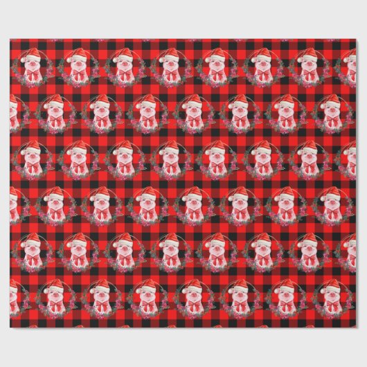 Papier Cadeau Joli Cochon De Noël Avec Buffalo Plaid Rouge Drôle (Plat)