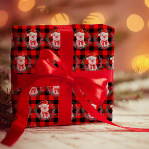 Papier Cadeau Joli Cochon De Noël Avec Buffalo Plaid Rouge Drôle