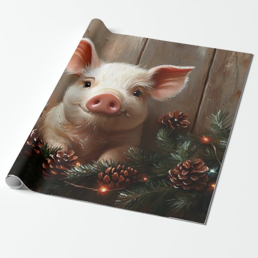Papier Cadeau Joli Cochon de Noël Peinture Rustique Découpage (Déroulé)