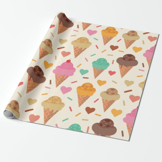 Papier Cadeau Joli cône de crème avec des cœurs (Déroulé)