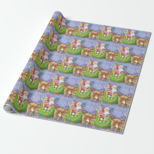 Papier Cadeau Joli dessin animé de Noël Père Noël traîneau renne