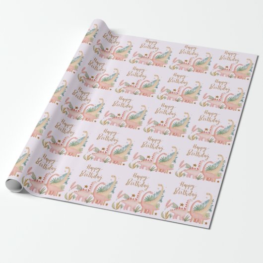 Papier Cadeau Joli Dino Rose (Déroulé)