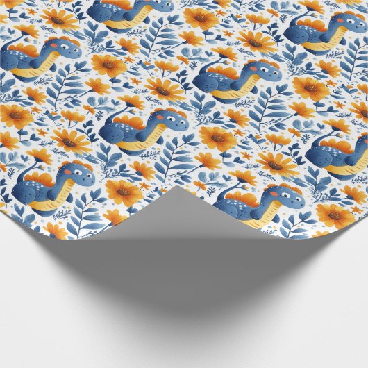 Papier Cadeau Joli Dinosaure Bleu Orange Fleurs Jaunes de Margue (Coin)
