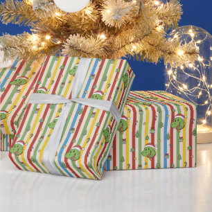 Papier Cadeau Joli dinosaure chapeau de Père Noël rayures Noël