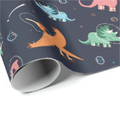 Papier Cadeau Joli Dinosaure Espace Extérieur Noël (Coin rond)
