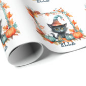 Papier Cadeau Joli Éffrayant Chat Noir Sorcière Casquette Citrou (Coin rond)