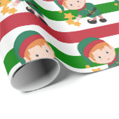 Papier Cadeau Joli elfe Noël Rouge et Vert rayures (Coin rond)