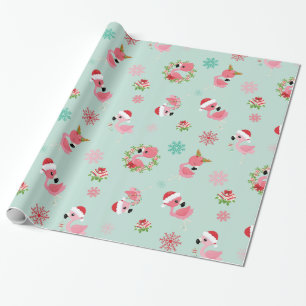 Papier Cadeau Joli Flamant rose de Noël Flocon de neige