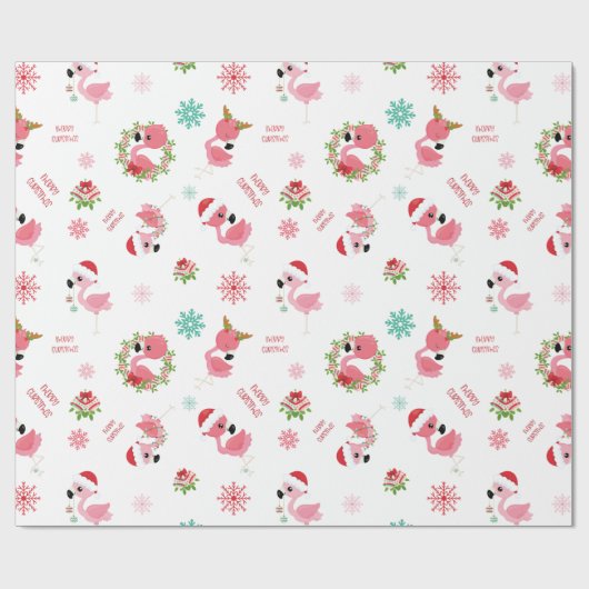 Papier Cadeau Joli Flamant rose de Noël Snowflake (Plat)