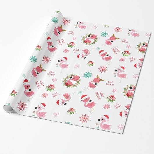 Papier Cadeau Joli Flamant rose de Noël Snowflake (Déroulé)