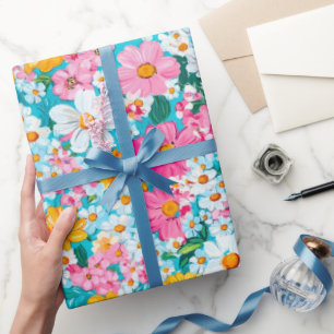 Papier Cadeau Joli floral rétro rose et bleu