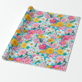Papier Cadeau Joli floral rétro rose et bleu  (Déroulé)