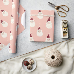 Papier Cadeau Joli fond rose de Noël avec le Père Noël mignon