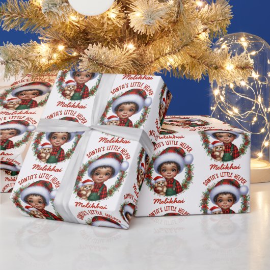 Papier Cadeau Joli garçon afro-américain avec Noël chiot (Vacances)