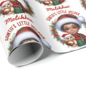 Papier Cadeau Joli garçon afro-américain avec Noël chiot (Coin rond)
