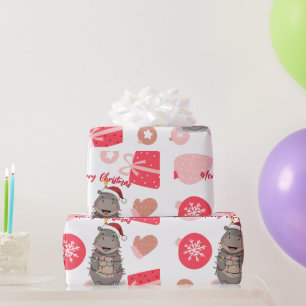 Papier Cadeau Joli hippopotame joyeux arbre de Noël zoo safari N