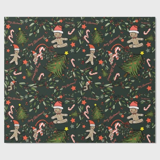 Papier Cadeau Joli Illustré Rétro Noël Vert foncé (Plat)