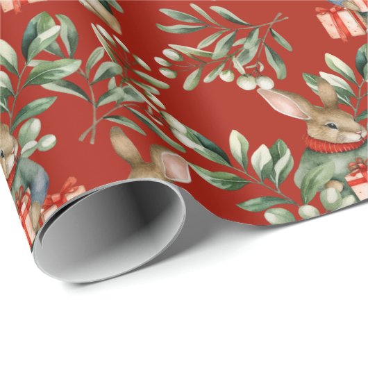 Papier Cadeau Joli lapin Aquarelle Rouge Noël (Coin rond)