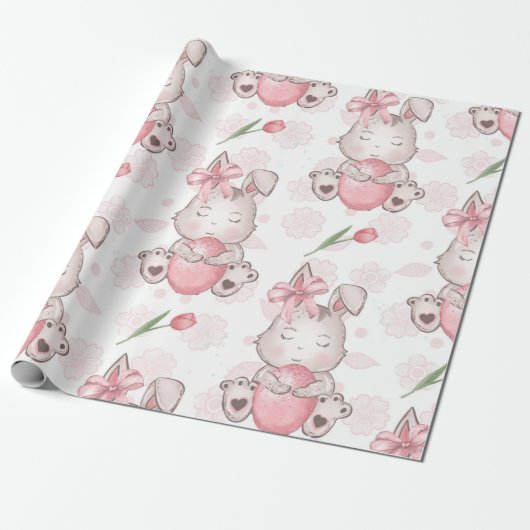 Papier Cadeau Joli lapin de Pâques rose (Déroulé)