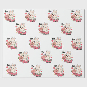 Papier Cadeau Joli Lapin Pour Vous Fleurs Roses Cœurs Emballage