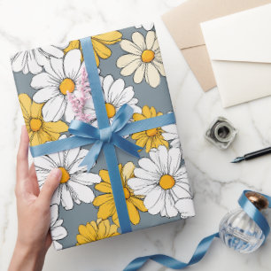 Papier Cadeau Joli motif artistique floral de marguerites blanch