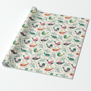 Papier Cadeau Joli Motif botanique aux oiseaux roses et verts