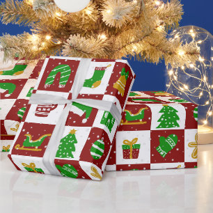 Papier Cadeau Joli motif carré de Noël rouge et vert 