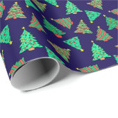 Papier Cadeau Joli Motif d'arbre de Noël | Bleu Marine (Coin rond)