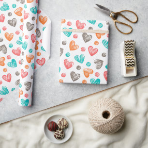 Papier Cadeau Joli motif d'art de cœur en rouge corail rose aqua
