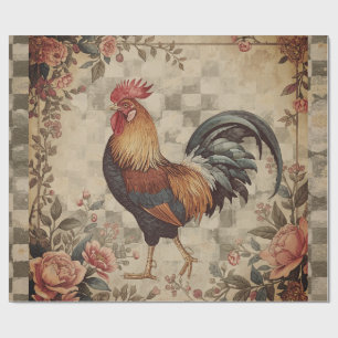 Papier Cadeau Joli motif de coq et de fleurs vintage