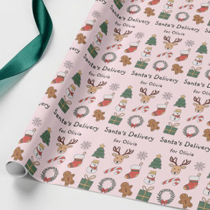 Papier Cadeau Joli motif de fête de Noël pour enfants rose