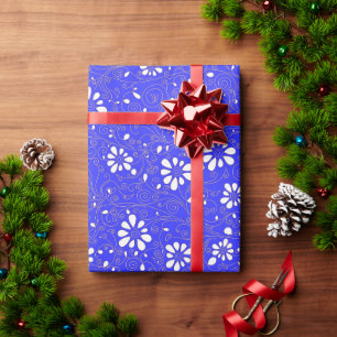 Papier Cadeau Joli motif de fleurs classique bleu blanc
