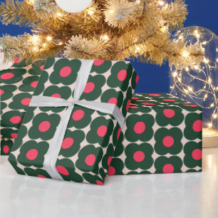 Papier Cadeau Joli motif de fleurs pop rétro   Vert de Noël