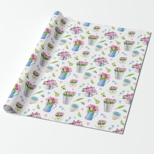 Papier Cadeau Joli motif de fleurs printanières à l'aquarelle Jo (Déroulé)