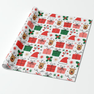 Papier Cadeau Joli motif de Noël avec des cadeaux, des rennes