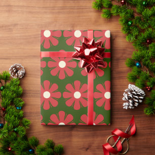 Papier Cadeau Joli Motif de Noël Floral Rétro Rouge et Vert