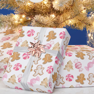 Papier Cadeau Joli motif de pain d'épice rose Noël