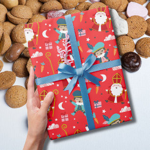 Papier Cadeau Joli motif de Sinterklaas et Piet sur fond rouge