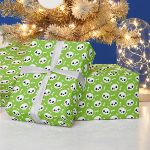 Papier Cadeau Joli motif d'Halloween Crâne et Os Verts