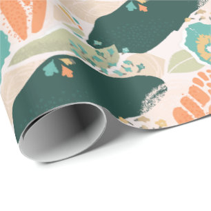 Papier Cadeau Joli motif floral Abstrait Aqua Green Orange