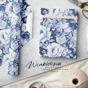 Papier Cadeau Joli motif floral bleu indigo élégant