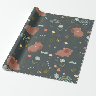 Papier Cadeau Joli motif floral bohème arc-en-ciel de capybara