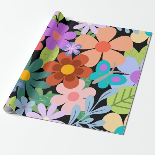 Papier Cadeau Joli motif floral noir (Déroulé)