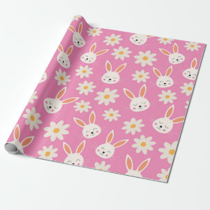 Papier Cadeau Joli Motif lapin de Pâques avec Fleurs sur Rose