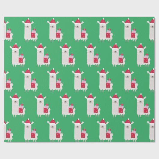 Papier Cadeau Joli Motif Llama de Noël en vert (Plat)
